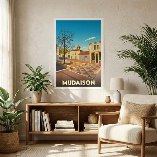 Affiche souvenir de la ville de Mudaison avec une illustration stylisée et colorée de ses rues.