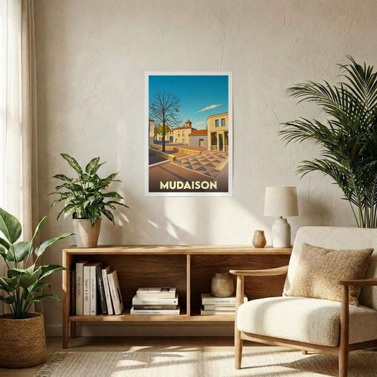 Affiche souvenir de la ville de Mudaison avec une illustration stylisée et colorée.