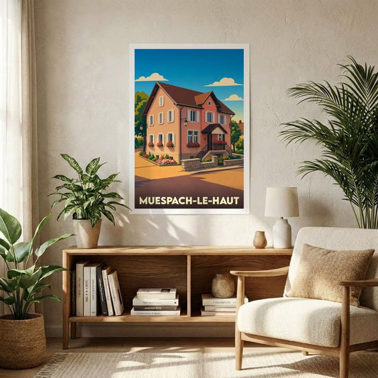 Affiche souvenir de la ville de Muespach-le-Haut avec une illustration stylisée d'une maison traditionnelle alsacienne.