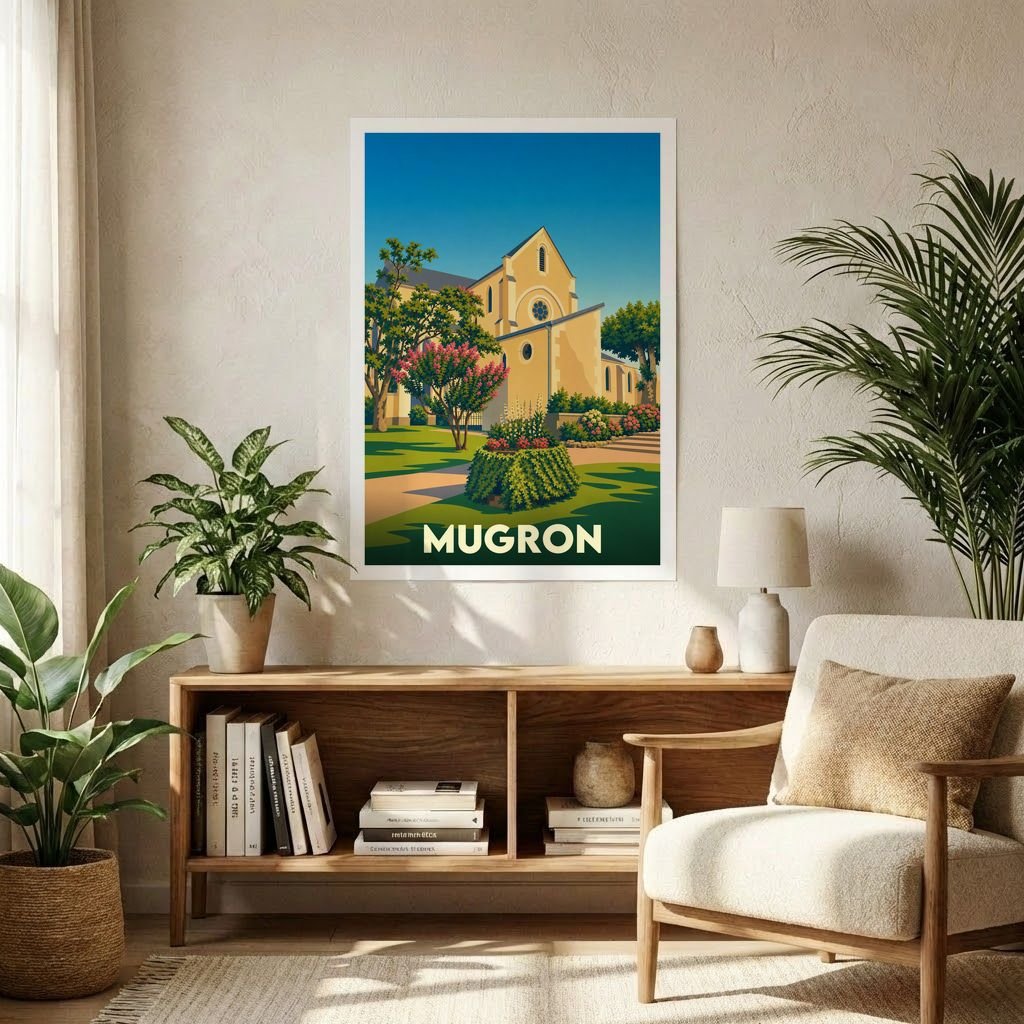 Affiche souvenir de la ville de Mugron illustrant son église dans un style graphique épuré et coloré.