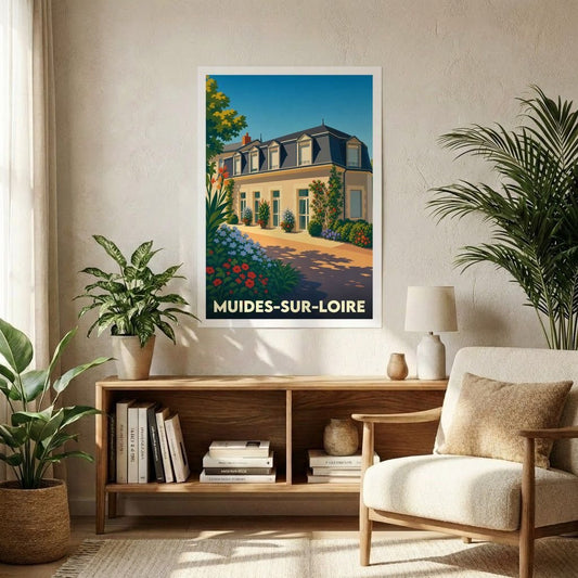 Affiche souvenir de la ville de Muides-sur-Loire illustrant une bâtisse élégante et fleurie dans un style vintage.