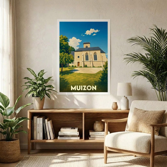 Affiche souvenir de la ville de Muizon représentant son église dans un style graphique épuré.