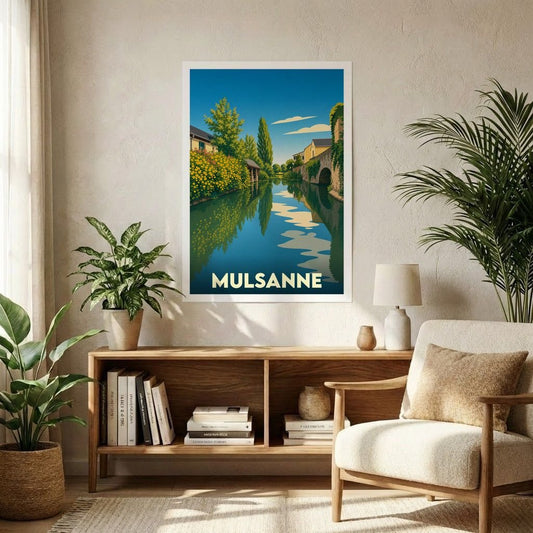 Affiche souvenir de la ville de Mulsanne présentant une illustration stylisée d'un canal bordé de maisons et de fleurs.