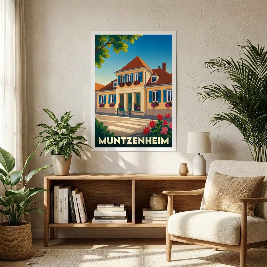 Affiche souvenir de la ville de Muntzenheim avec une illustration stylisée d'une maison traditionnelle alsacienne.