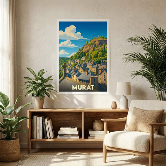 Affiche souvenir de la ville de Murat avec une illustration stylisée de ses toits typiques et de ses montagnes.