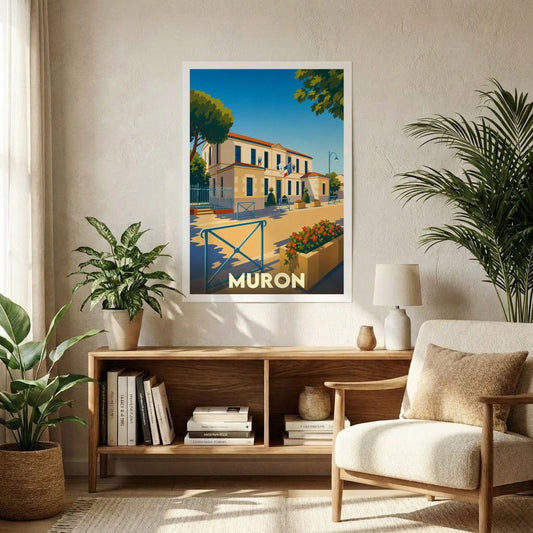 Affiche souvenir de la ville de Muron représentant une illustration stylisée de son hôtel de ville sous un ciel bleu.