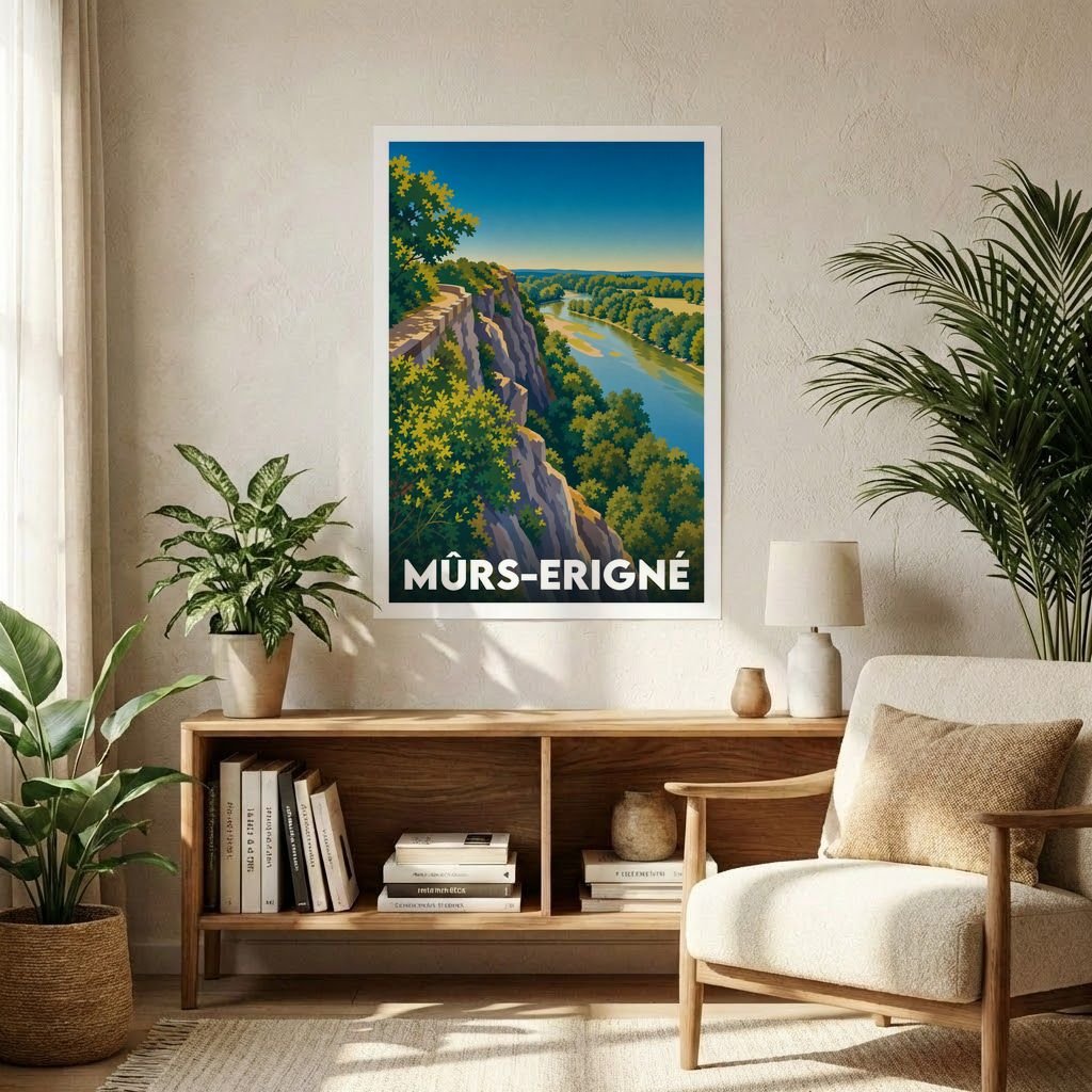 Affiche souvenir de la ville de Mûrs-Erigné représentant une vue panoramique stylisée sur la Loire depuis les falaises.