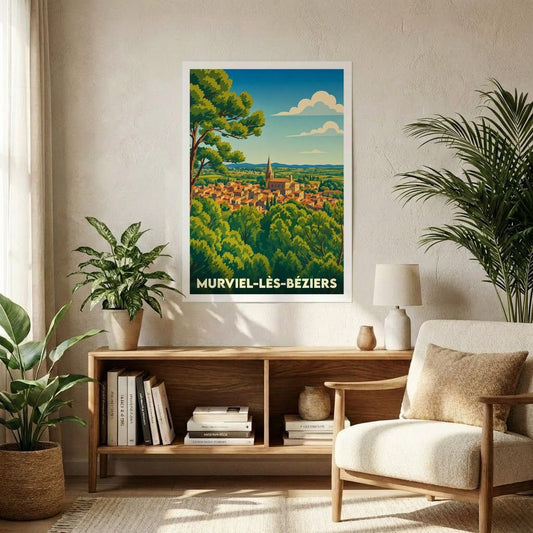 Affiche souvenir de la ville de Murviel-lès-Béziers avec une illustration stylisée et colorée du village.
