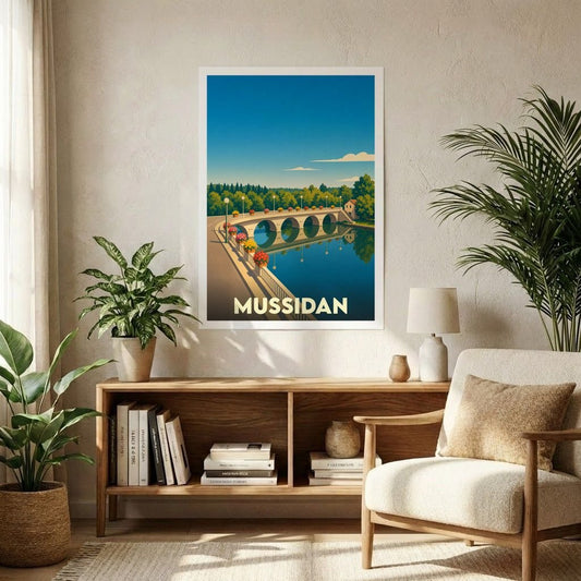 Affiche souvenir de la ville de Mussidan représentant un pont fleuri au-dessus de l'eau dans un style graphique épuré.