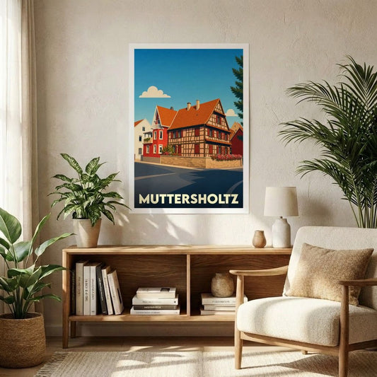 Affiche souvenir de la ville de Muttersholtz illustrant ses maisons à colombages typiques dans un style rétro.