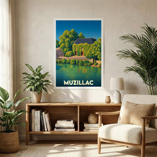Affiche de la ville de Muzillac illustrant une maison fleurie au bord de l'eau dans un style graphique épuré.