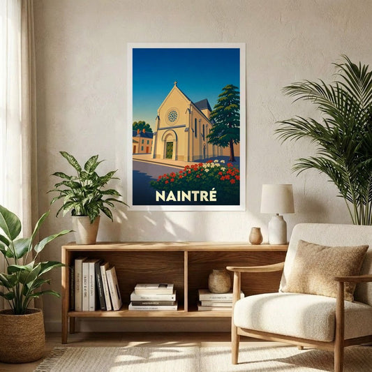 Affiche souvenir de la ville de Naintré avec une illustration stylisée de son église sous un ciel azur.