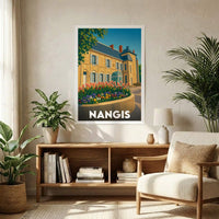 Affiche souvenir de la ville de Nangis présentant une illustration stylisée et colorée de son patrimoine architectural.