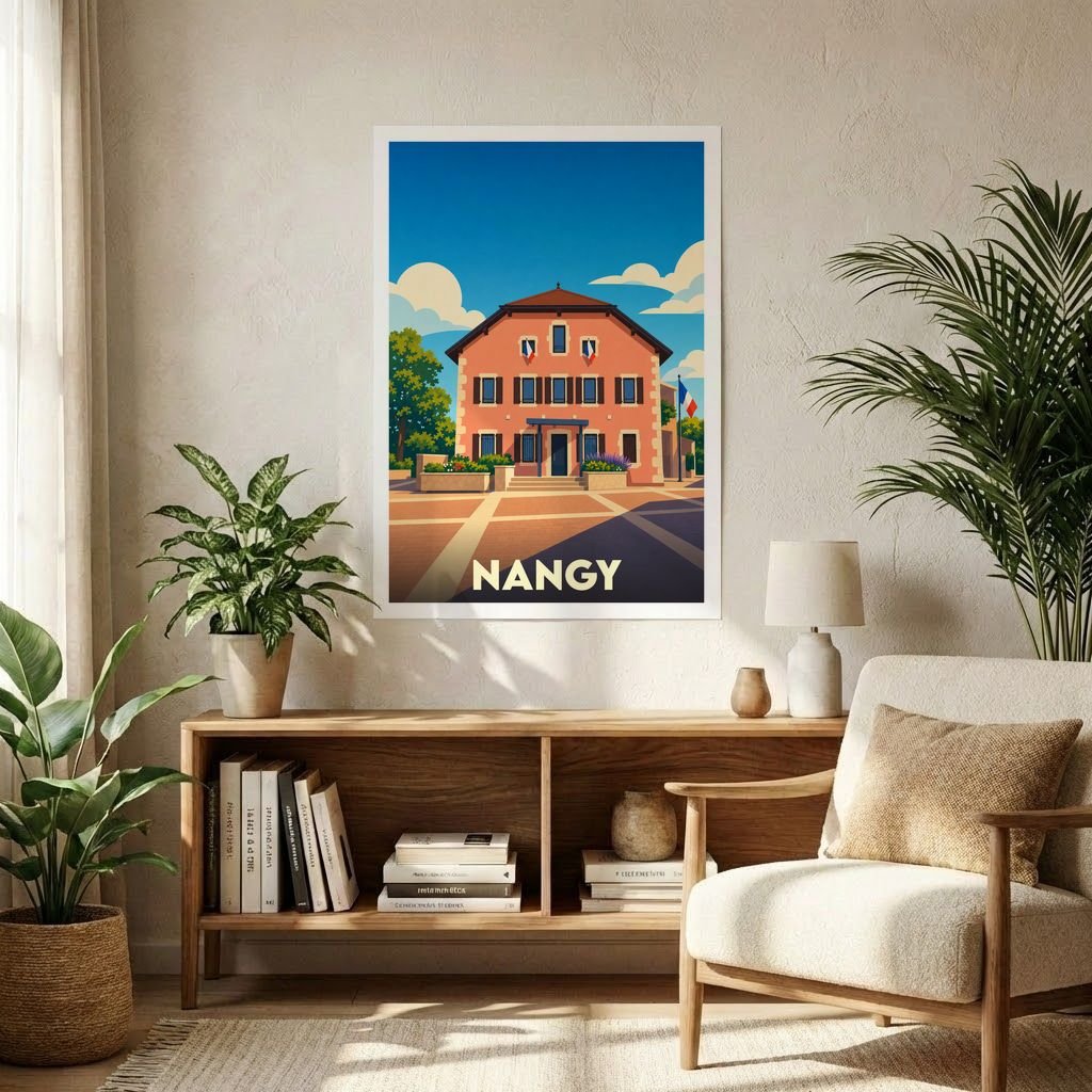 Affiche souvenir de la ville de Nangy présentant une illustration stylisée de sa mairie sous un ciel bleu.