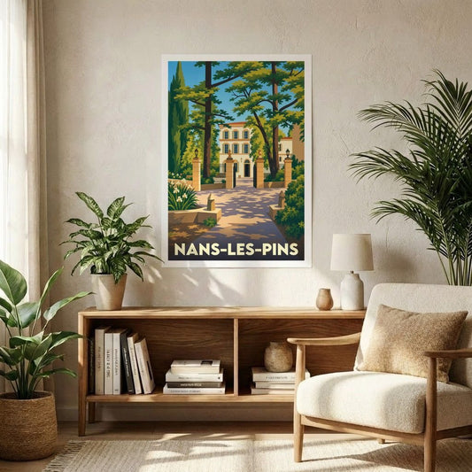Affiche souvenir de la ville de Nans-les-Pins avec une illustration de style vintage.