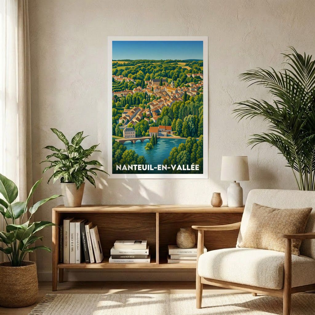 Affiche souvenir de la ville de Nanteuil-en-Vallée avec une illustration stylisée.