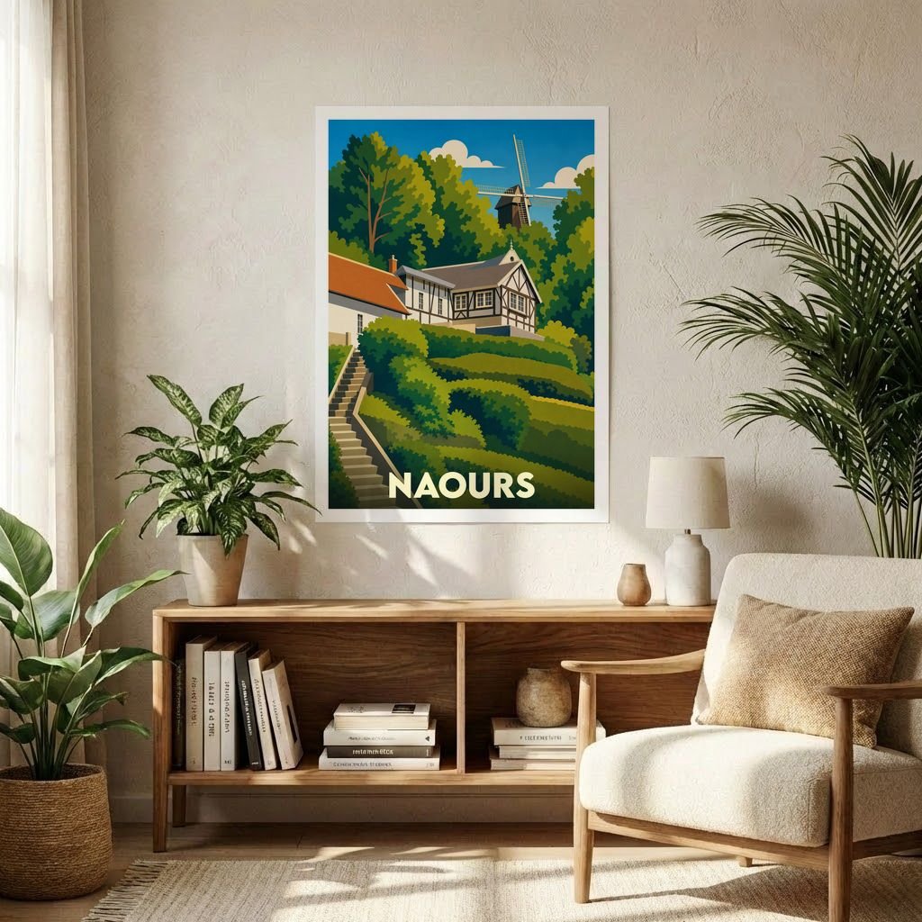 Affiche souvenir de la ville de Naours avec une illustration stylisée représentant un moulin et une maison à colombages.