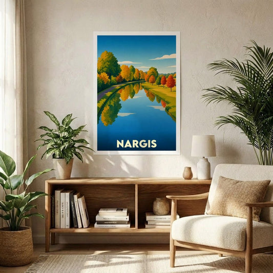 Affiche souvenir de la ville de Nargis représentant un paysage de canal automnal dans un style graphique épuré.