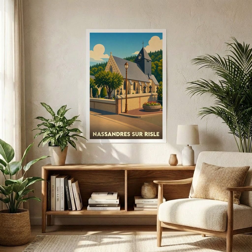 Affiche souvenir de la ville de Nassandres sur Risle avec une illustration stylisée de son église.