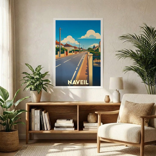 Affiche souvenir de la ville de Naveil représentant une rue illustrée dans un style vintage épuré.