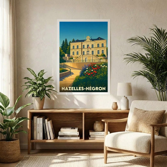 Affiche souvenir de la ville de Nazelles-Négron avec une illustration stylisée de son hôtel de ville.