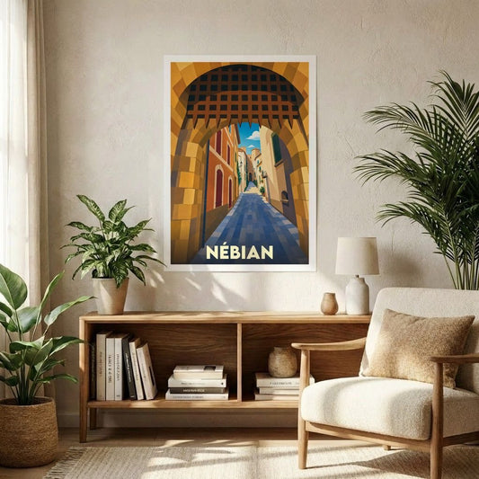Affiche souvenir de la ville de Nébian avec une illustration stylisée d'une ruelle historique vue à travers un porche fortifié.