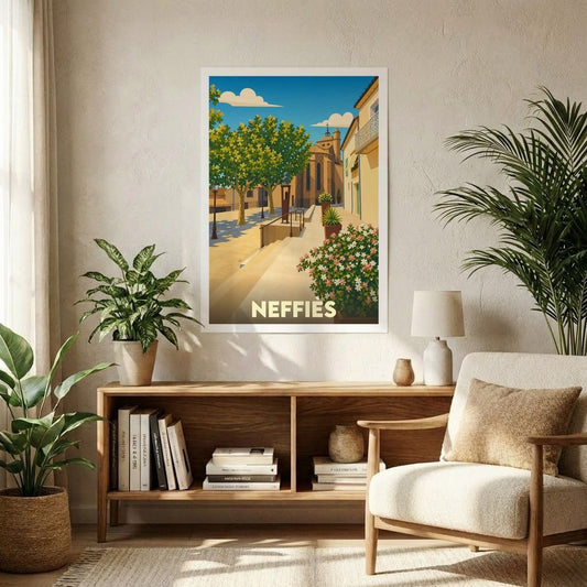 Affiche souvenir de la ville de Neffiès avec une illustration stylisée d'une place ensoleillée.