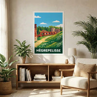 Affiche souvenir de la ville de Nègrepelisse avec une illustration stylisée de son paysage.