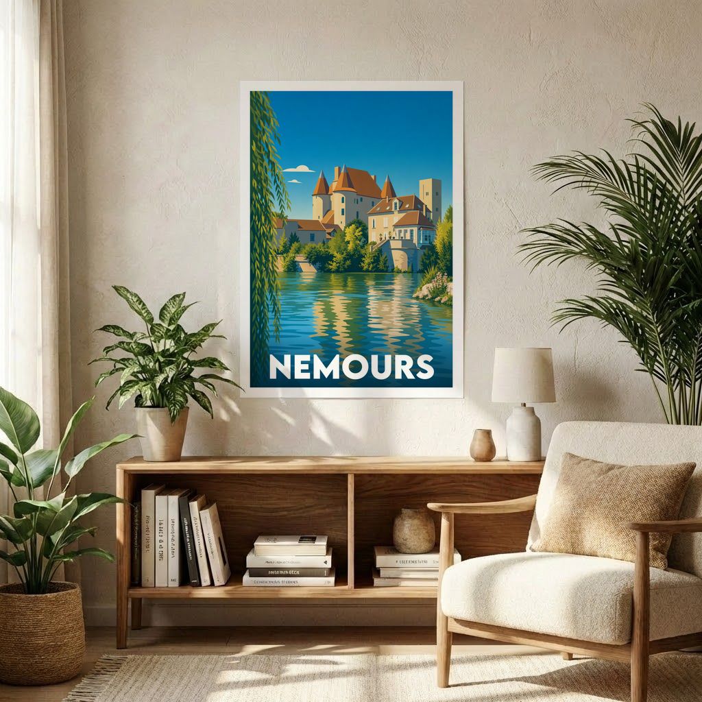Affiche souvenir de la ville de Nemours avec une illustration stylisée.
