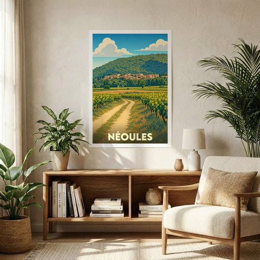 Affiche souvenir de la ville de Néoules représentant un paysage provençal de vignobles et de collines dans un style vintage.
