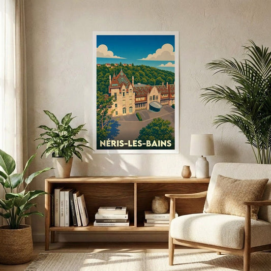 Affiche souvenir de la ville de Néris-les-Bains avec une illustration stylisée de ses thermes.