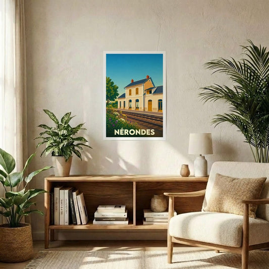 Affiche souvenir de la ville de Nérondes avec une illustration stylisée de sa gare ferroviaire.