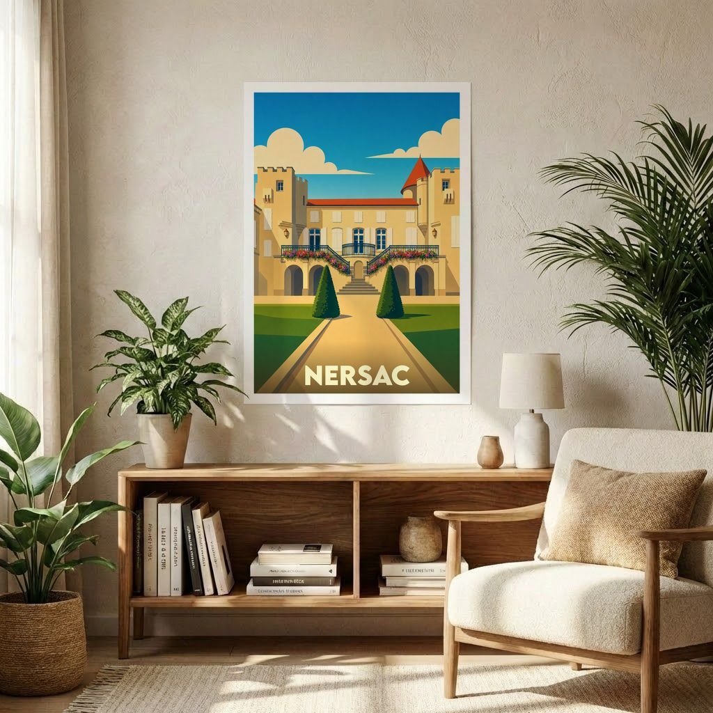 Affiche souvenir de la ville de Nersac représentant son château avec une illustration stylisée.