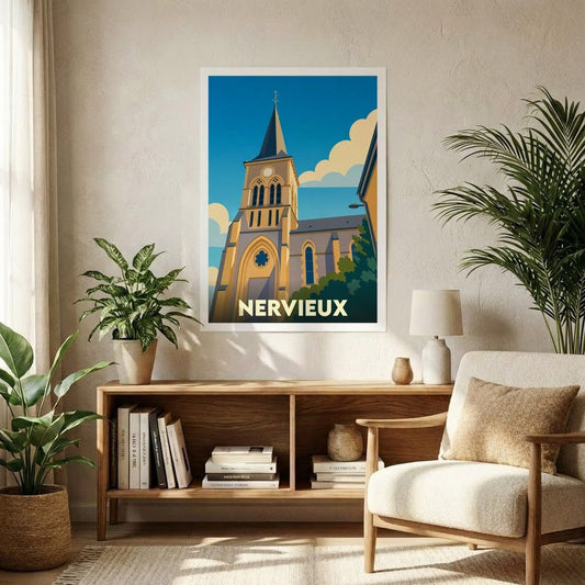Affiche souvenir de la ville de Nervieux présentant une illustration stylisée de son église sous un ciel bleu.