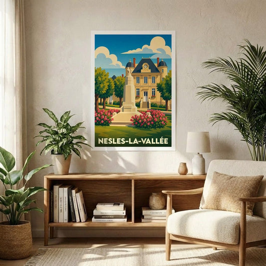 Affiche souvenir de la ville de Nesles-la-Vallée avec une illustration stylisée du monument aux morts et de la mairie.