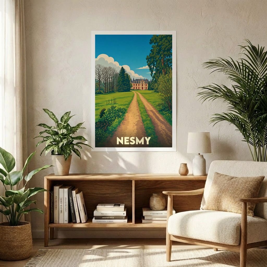 Affiche souvenir de la ville de Nesmy représentant une allée menant à un château dans un style graphique rétro.