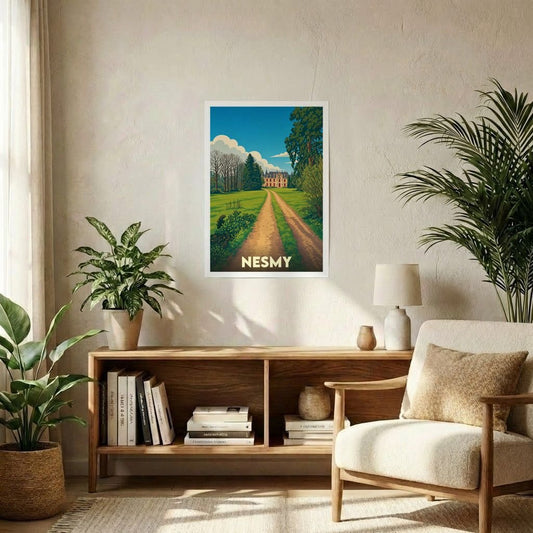 Affiche souvenir de la ville de Nesmy avec une illustration stylisée représentant un château au bout d'un chemin de campagne.