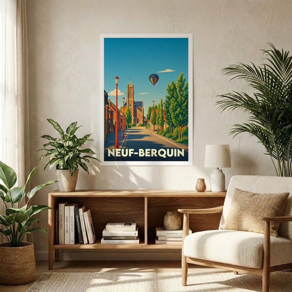Affiche souvenir de la ville de Neuf-Berquin avec une illustration stylisée et colorée.
