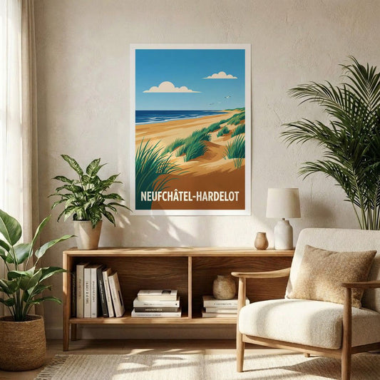 Affiche souvenir de la ville de Neufchâtel-Hardelot avec une illustration stylisée de sa plage et de ses dunes.