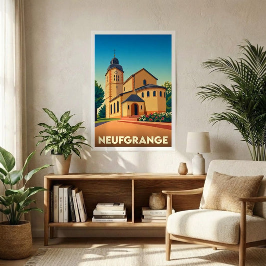 Affiche souvenir de la ville de Neufgrange représentant son église dans un style graphique épuré.