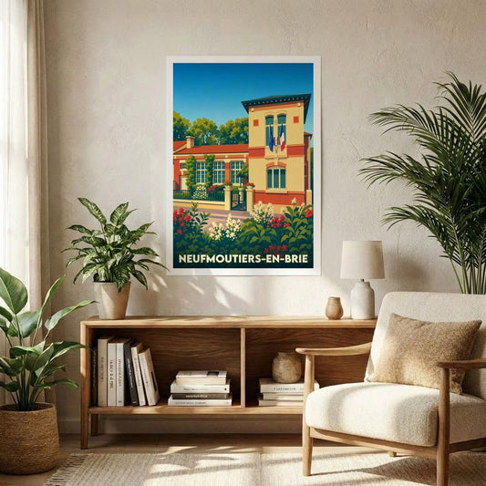 Affiche souvenir de la ville de Neufmoutiers-en-Brie avec une illustration stylisée de sa mairie.
