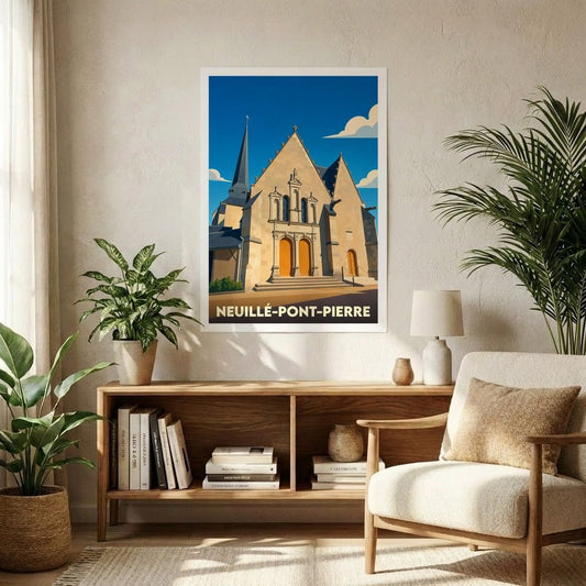 Affiche souvenir de la ville de Neuillé-Pont-Pierre avec une illustration stylisée de son église.
