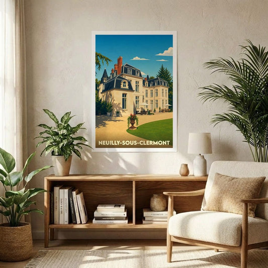 Affiche souvenir de la ville de Neuilly-sous-Clermont avec une illustration stylisée d'un château.