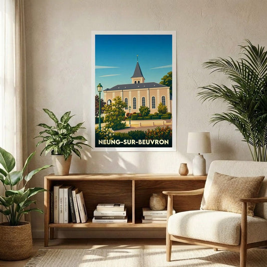 Affiche souvenir de la ville de Neung-sur-Beuvron avec une illustration stylisée de son église.