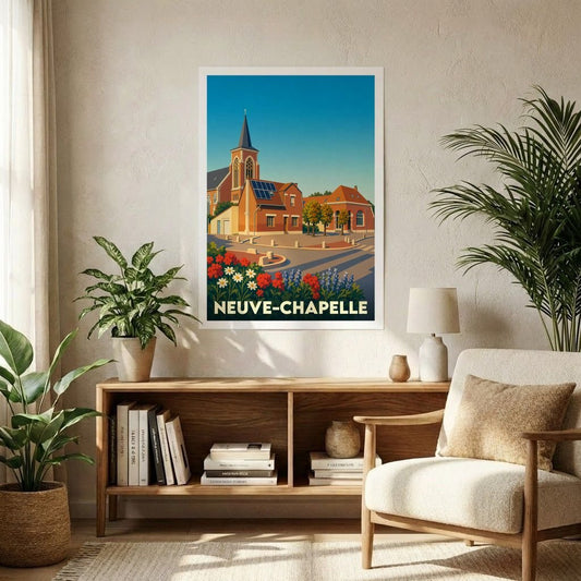 Affiche souvenir de la ville de Neuve-Chapelle présentant une illustration stylisée de son église et de son architecture typique.
