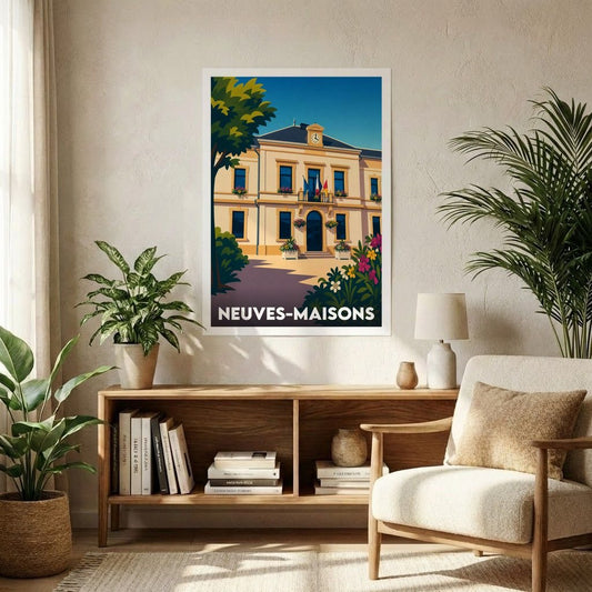 Affiche souvenir de la ville de Neuves-Maisons avec une illustration stylisée de son hôtel de ville.