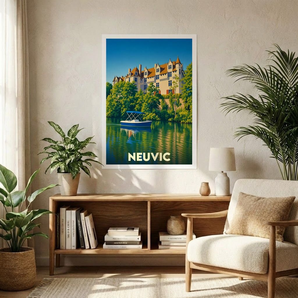 Affiche souvenir de la ville de Neuvic illustrant un château surplombant une rivière avec un bateau.