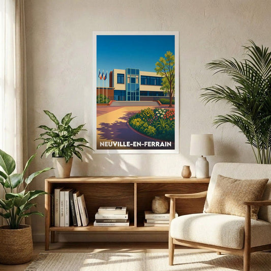 Affiche souvenir de la ville de Neuville-en-Ferrain avec une illustration stylisée de l'hôtel de ville.