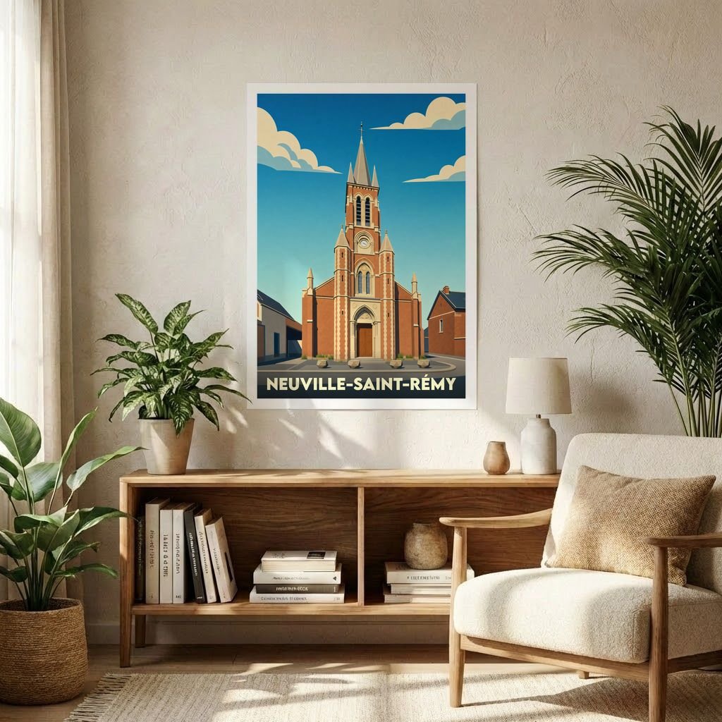 Affiche souvenir de la ville de Neuville-Saint-Rémy illustrant son église dans un style graphique épuré.