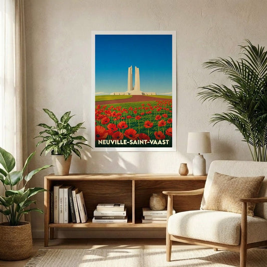 Affiche souvenir de la ville de Neuville-Saint-Vaast représentant le Mémorial de Vimy bordé de coquelicots.